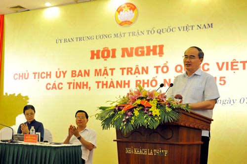 Chủ tịch Ủy ban Trung ương MTTQ Việt Nam Nguyễn Thiện Nhân phát biểu tại Hội nghị

